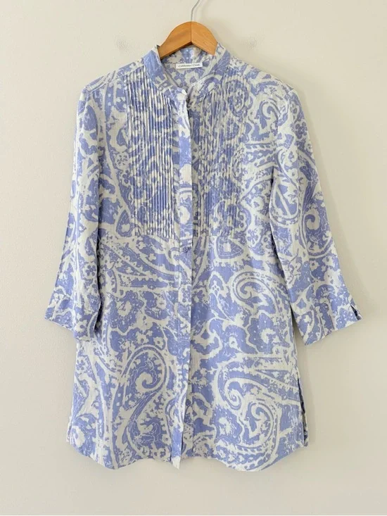 Coldwater Creek Linen Tunic Dress Blue White Paisley Print Pintuck Size M - Picture 13 of 13